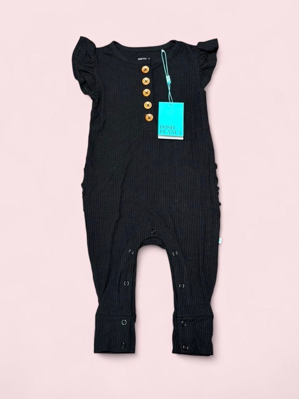 NWT Posh Peanut Black Ribbed Ruffle Sleeve Bamboo Henley Romper 2T